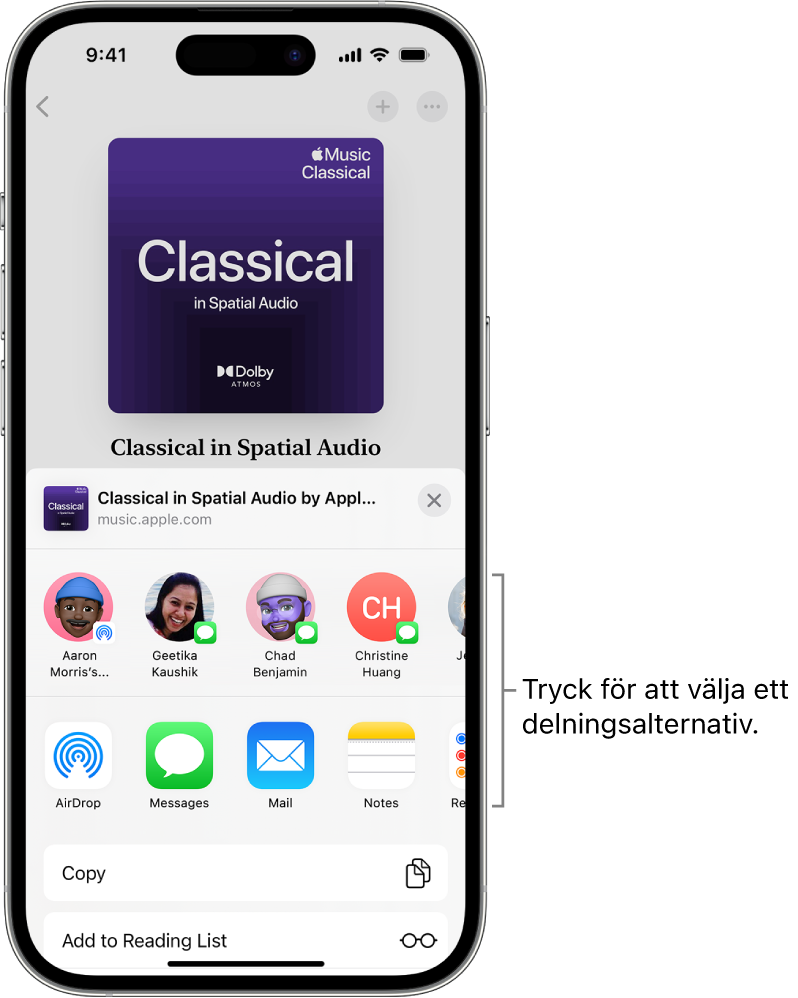 En iPhone visar en klassisk spellista överst på skärmen med kontakter och delningsalternativ nedanför.