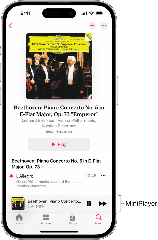 Một iPhone đang hiển thị MiniPlayer trong Apple Music Classical. Ở đầu màn hình là một hình minh họa album, tên của tác phẩm và nút Play. MiniPlayer ở gần cuối màn hình. Bên dưới MiniPlayer là các nút Home, Browse, Library và Search.