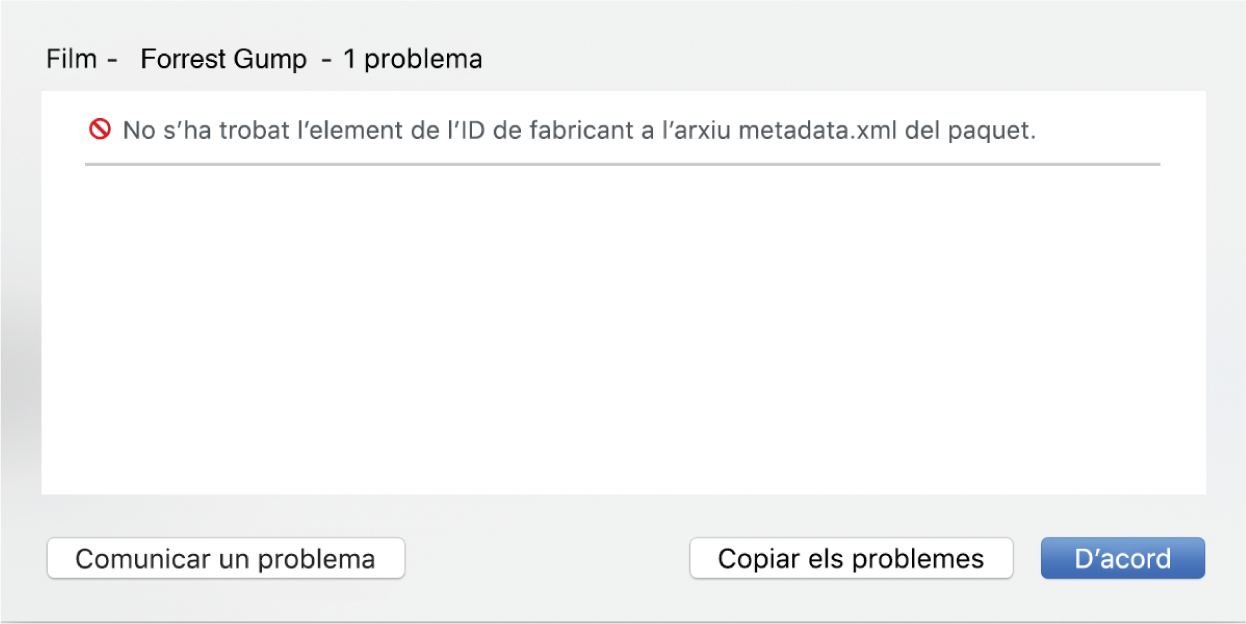 Finestra emergent del botó Problemes que mostra un error (no es pot trobar l’error d’identificador del proveïdor) i els enllaços “Comunicar un problema” i “Eliminar paquet”.