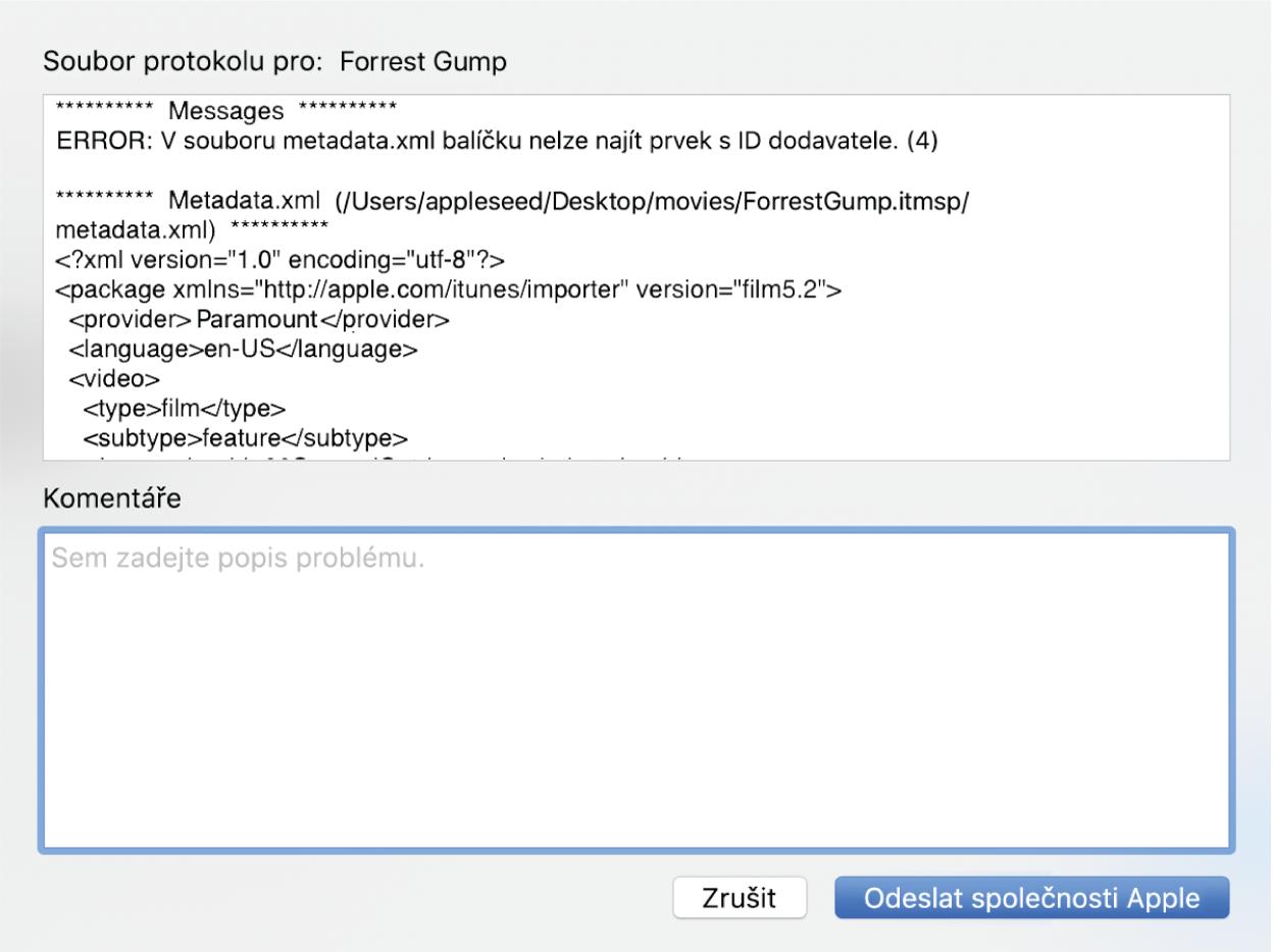 Ukázkový přehled souboru protokolu pro film Forrest Gump s příslušnými informacemi v záznamu protokolu. Kromě toho je zde k dispozici vstupní pole pro zadání vašich komentářů.