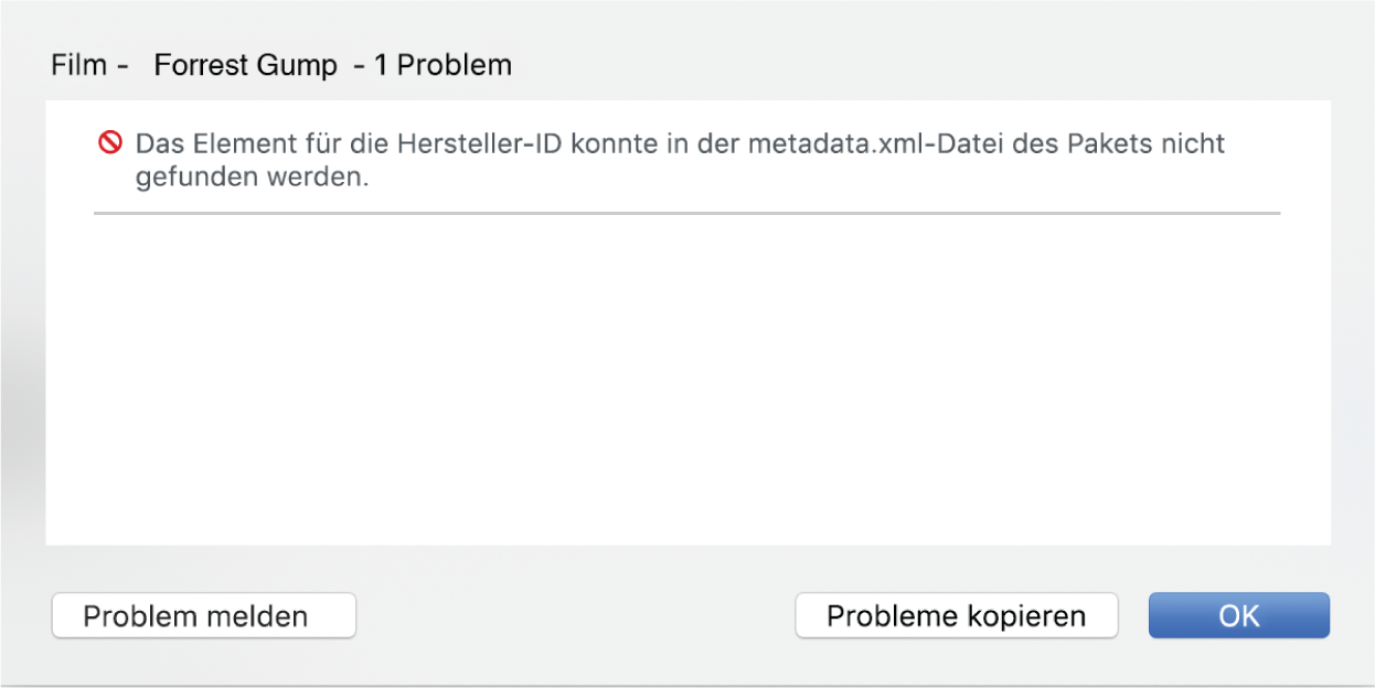 Eingeblendetes Fenster mit Taste „Probleme“, das einen Fehler (Anbieter-ID nicht gefunden) und die Links „Problem melden“ und „Paket löschen“ zeigt.