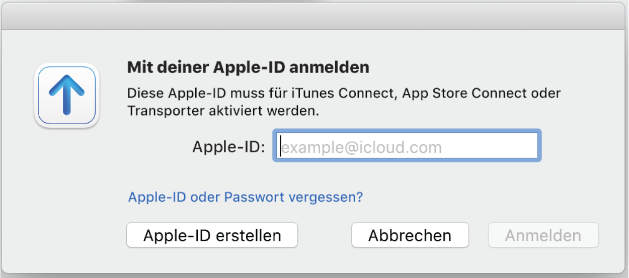 Anmeldefenster mit dem Feld „Apple-ID“.