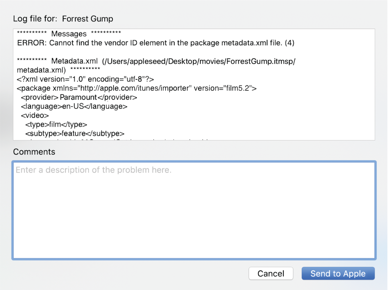 Sample log file report for the film Forrest Gump, displaying log report details and information. In addition, there is an entry field to enter your comments.