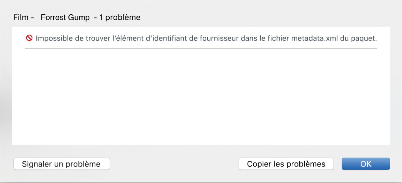 Fenêtre locale du bouton Problèmes qui affiche une erreur (identifiant de fournisseur introuvable) et les liens « Signaler un problème » et « Supprimer le paquet ».
