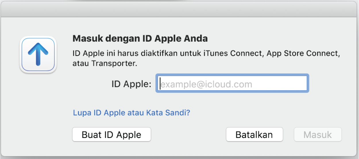 Jendela Masuk, termasuk bidang ID Apple.