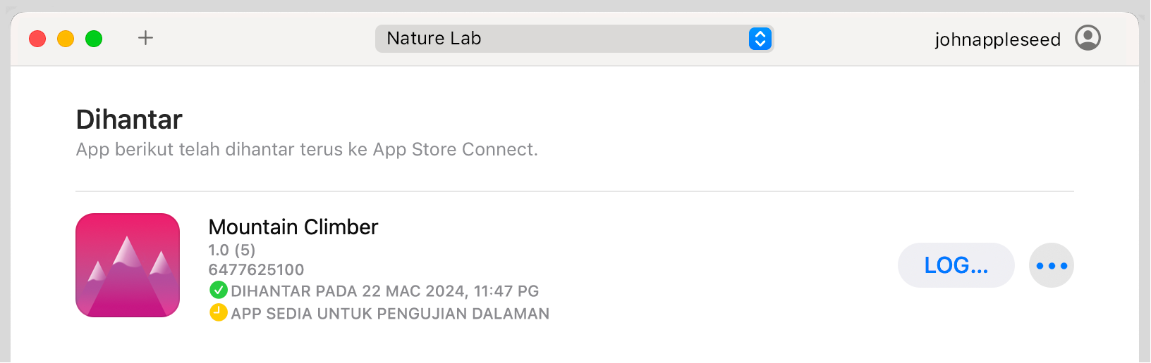 Contoh tetingkap Transporter memaparkan fail pakej Dihantar dengan maklumat status tambahan.