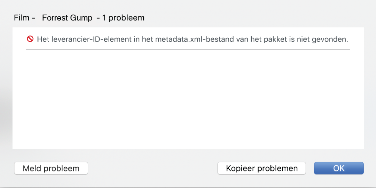 Pop-upvenster van de knop 'Problemen' met een fout (leverancier-ID niet gevonden) en de links 'Meld probleem' en 'Verwijder pakket'.