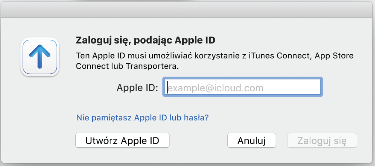 Okno logowania zawierające pole Apple ID.