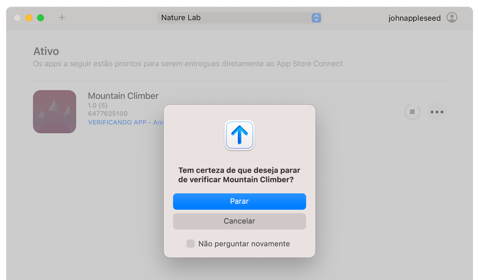 Um exemplo de janela do app Transporter mostrando o menu pop-up Parar com um botão Parar.