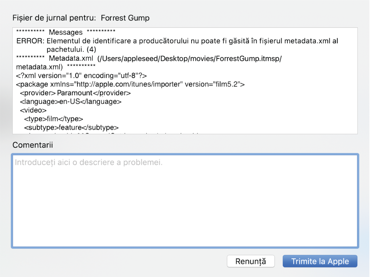 Raportul fișierului de jurnal mostră pentru filmul Forrest Gump afișând detaliile și informațiile raportului de jurnal. În plus, există un câmp în care puteți introduce comentariile dvs.