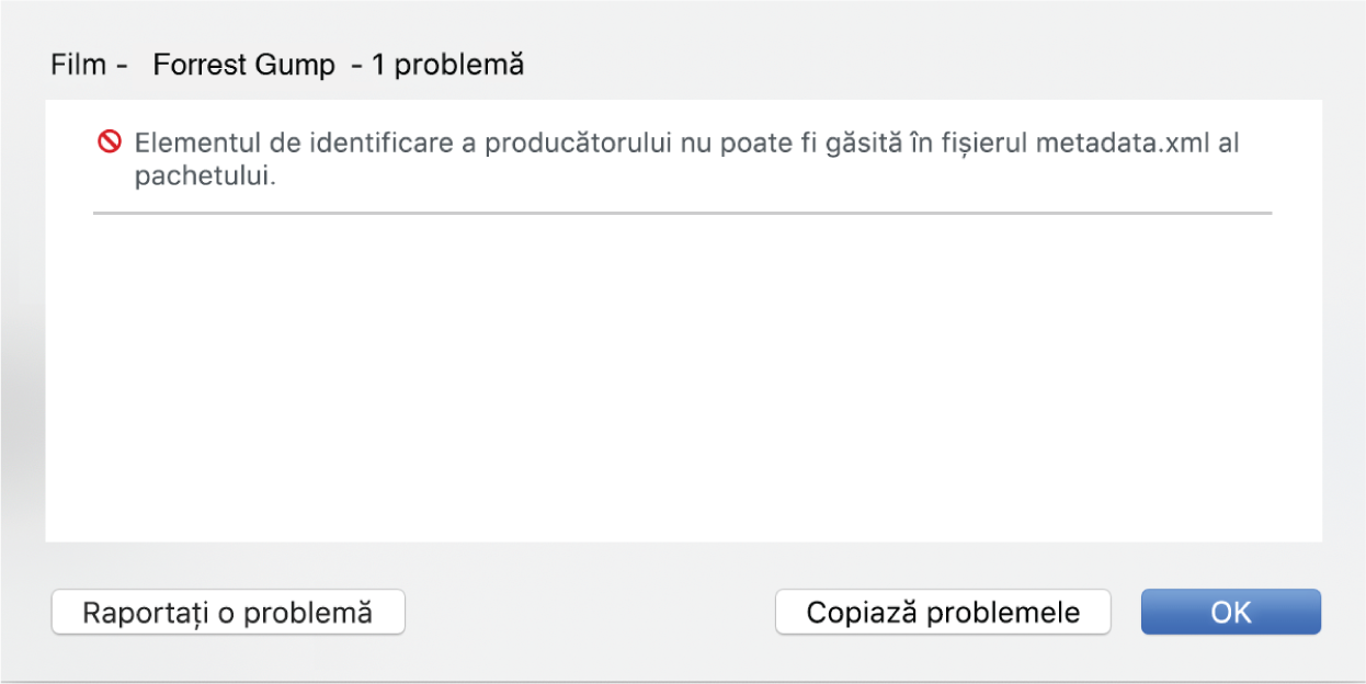 Fereastra pop‑up a butonului Probleme afișând o eroare (eroarea imposibil de găsit ID-ul producătorului) și linkurile Raportați o problemă și Șterge pachetul.