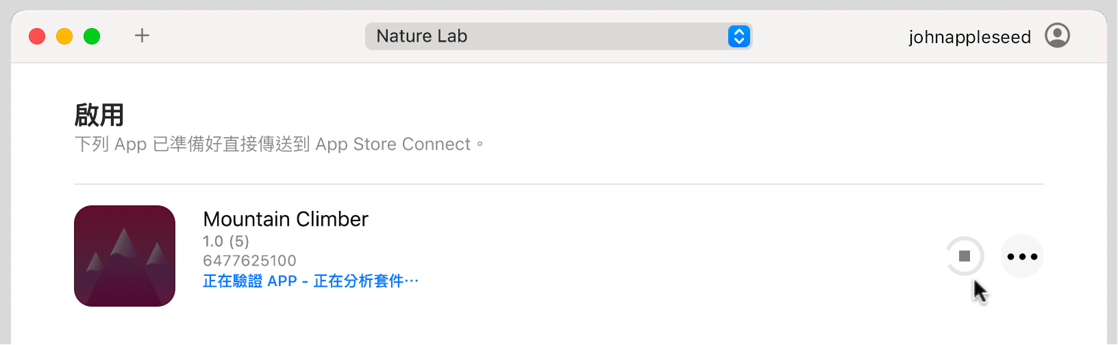 Transporter App 視窗的範例，顯示一個「啟用」套件檔案。Transporter 正在與 Apple 驗證和認證套件檔案。