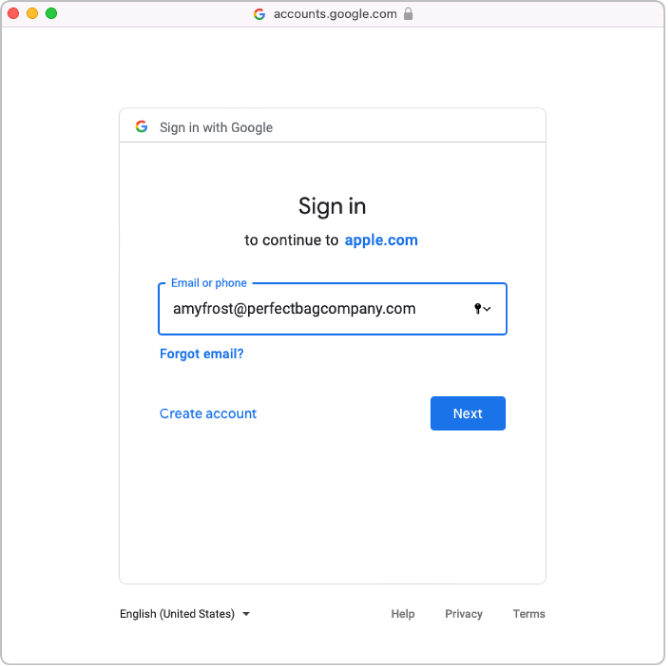 The Google Workspace sign-in window on top of the Apple Business Essentials window.