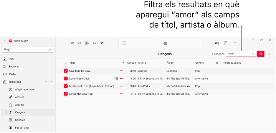 La finestra de l’Apple Music amb la llista de cançons que apareixen quan s’introdueix “amor” al camp del filtre que hi ha a l’angle superior dret. Les cançons de la llista tenen la paraula "amor" al títol o al nom de l’artista o al nom de l’àlbum.