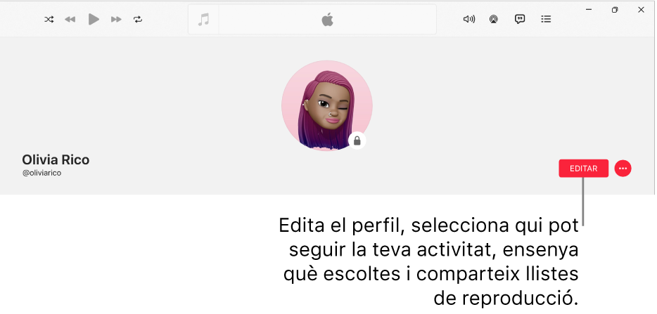 La pàgina de perfil de l’Apple Music: a la banda dreta de la finestra hi ha el botó d’editar, que pots seleccionar per editar el teu perfil, seleccionar qui pot seguir la teva activitat, mostrar què escoltes i compartir llistes de reproducció.