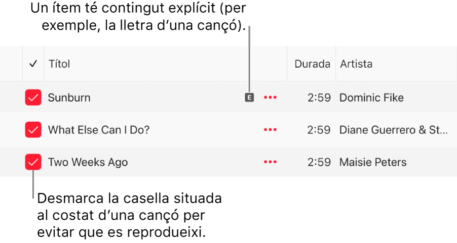 Detall de la llista de cançons a l’Apple Music amb les caselles de selecció i un símbol d’explícit a la primera cançó (aquest símbol indica que té contingut explícit, que pot ser la lletra de la cançó). Desmarca la casella que hi ha al costat d’una cançó perquè no es reprodueixi.