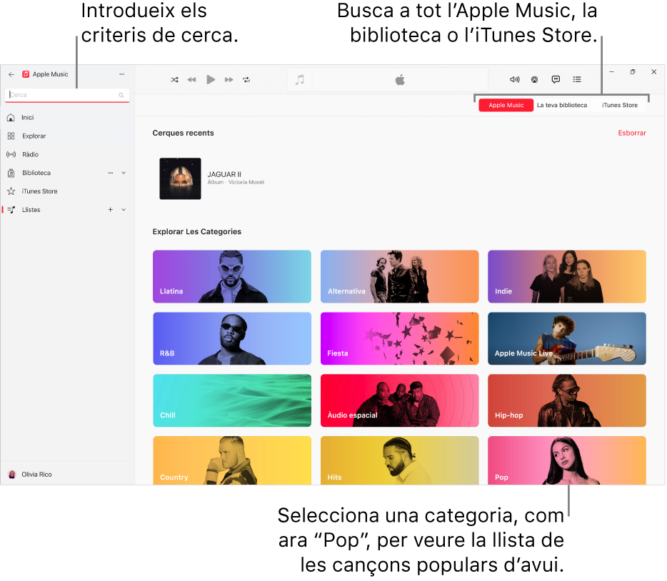 Finestra de l’Apple Music que mostra el camp de cerca a l’angle superior esquerre, la llista de categories al centre de la finestra, i els botons de l’Apple Music, la teva biblioteca o l’iTunes Store a l’angle superior dret.