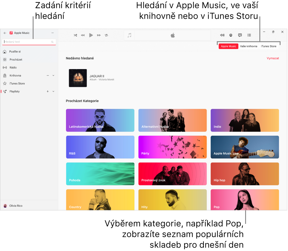 Okno Apple Music s polem hledání v levém horním rohu, seznamem kategorií uprostřed okna a tlačítky Apple Music, Vaše knihovna a iTunes Store v pravém horním rohu
