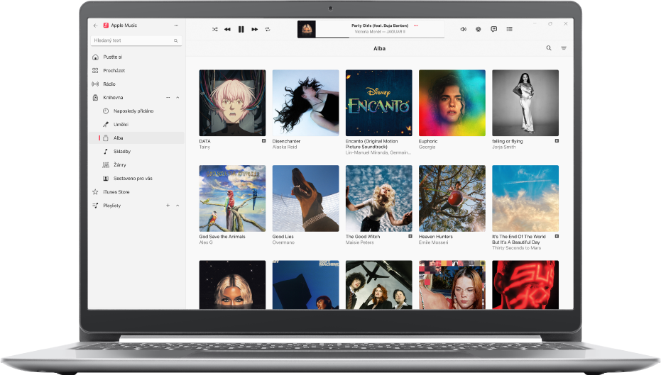 Okno aplikace Apple Music, v němž je vidět knihovna s alby