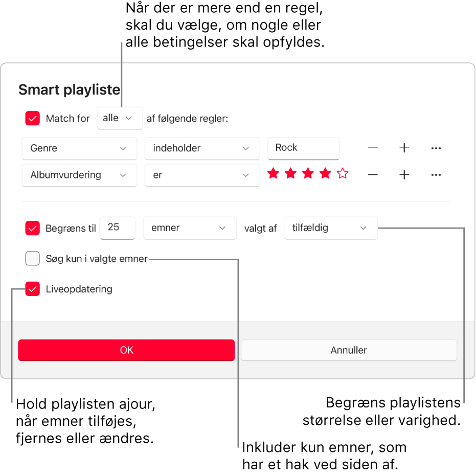Vinduet Smart playliste: I det øverste venstre hjørne skal du vælge Opfyld og derefter angive kriterierne for playlisten (f.eks. genre eller vurdering). Fortsæt med at tilføje eller fjerne regler ved at vælge knappen Tilføj eller Fjern til højre. Vælg forskellige indstillinger i den nederste del af vinduet – f.eks. begrænsning af størrelsen på eller varigheden af playlisten, medtag kun valgte sange eller at Apple Music skal opdatere playlisten, når emner i biblioteket ændres.