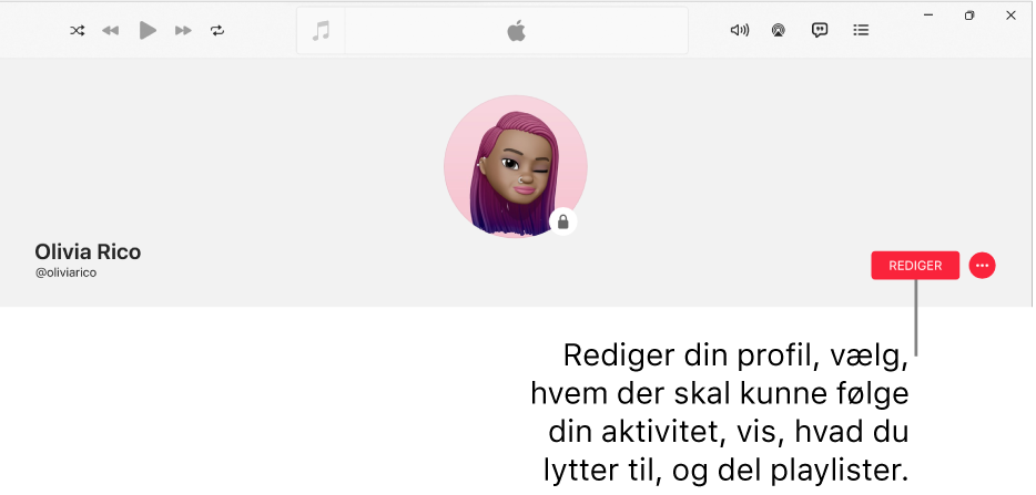 Profilsiden i Apple Music: I højre side af vinduet findes knappen Rediger, som du kan vælge for at redigere din profil, vælge, hvem der kan følge din aktivitet, vise, hvad du lytter til, og dele playlister.