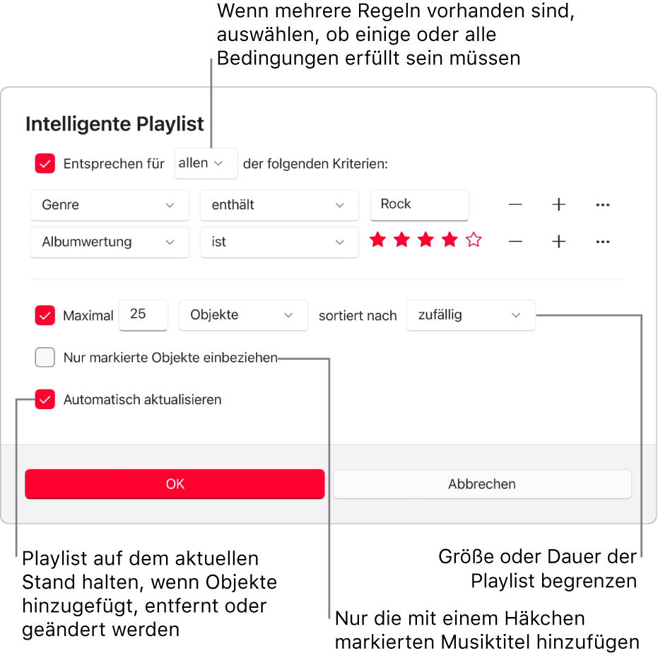 Das Dialogfenster „Intelligente Playlist“: Wähle oben links „Enthält“ und gib die Kriterien für die Playlist an (etwa Genre oder Wertung). Durch Auswählen der Taste „Hinzufügen“ oder „Entfernen“ oben rechts kannst du weitere Regeln hinzufügen oder Regeln entfernen. Im unteren Bereich des Dialogfensters kannst du verschiedene Optionen auswählen, um z. B. die Größe oder Dauer der Playlist zu beschränken, um nur solche Titel aufzunehmen, die markiert sind, oder um Apple Music die Playlist ändern zu lassen, wenn sich Objekte in deiner Mediathek ändern.