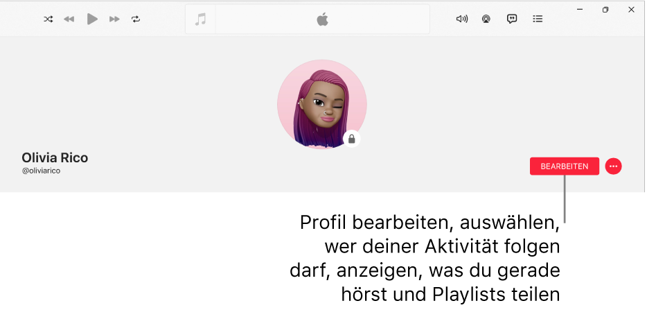 Die Profilseite in Apple Music: auf der rechten Seite des Fensters befindet sich die Taste „Bearbeiten“, die du auswählen kannst, um dein Profil zu bearbeiten, auszuwählen, wer deinen Aktivitäten folgen kann, anzuzeigen, was du hörst, und Playlists zu teilen.
