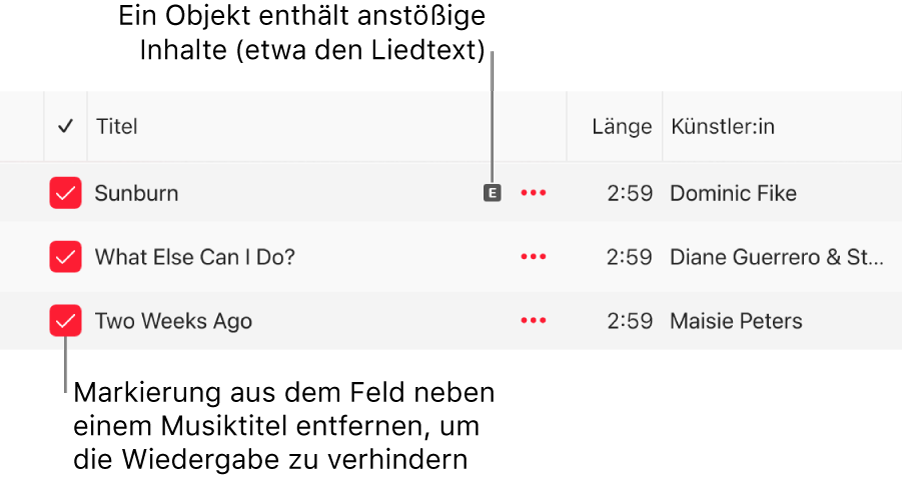 Details der Ansicht „Titel“ auf Apple Music mit Markierungsfeldern und einem Symbol für anstößige Inhalte beim ersten Titel (das anzeigt, dass der Titel anstößige Inhalte enthält, zum Beispiel in den Liedtexten). Durch Deaktivieren des Markierungsfelds neben einem Titel wird das Abspielen des Titels verhindert.