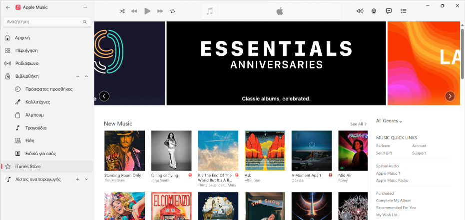 Το κύριο παράθυρο του iTunes Store: στην πλαϊνή στήλη, το «iTunes Store» είναι επισημασμένο.