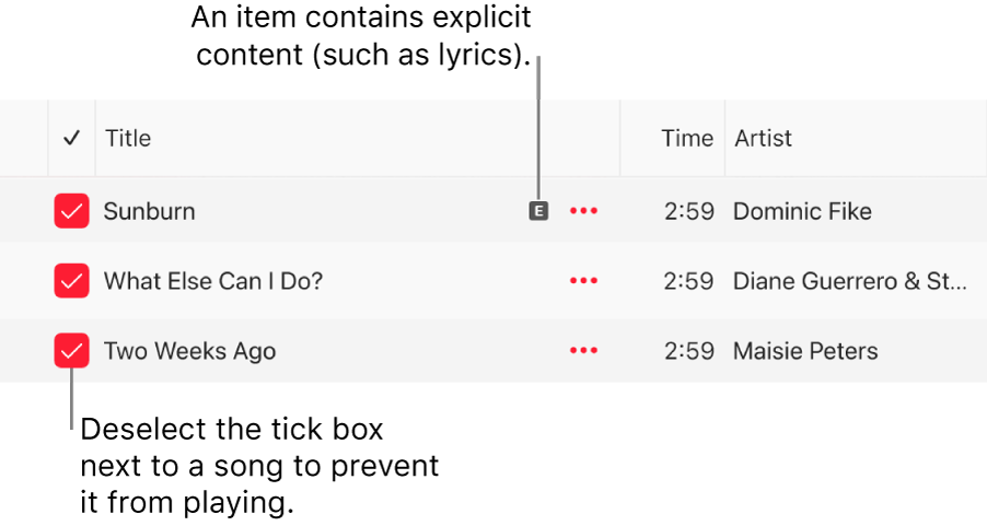 Detail of the songs list in Apple Music, showing the tick boxes and an explicit symbol for the first song (indicating it has explicit content such as lyrics). Unselect the tick box next to a song to prevent it from playing.