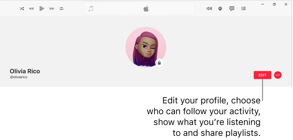 The profile page in Apple Music: on the right side of the window, is the Edit button, which you can select to edit your profile, choose who can follow your activity, show what you’re listening to and share playlists.
