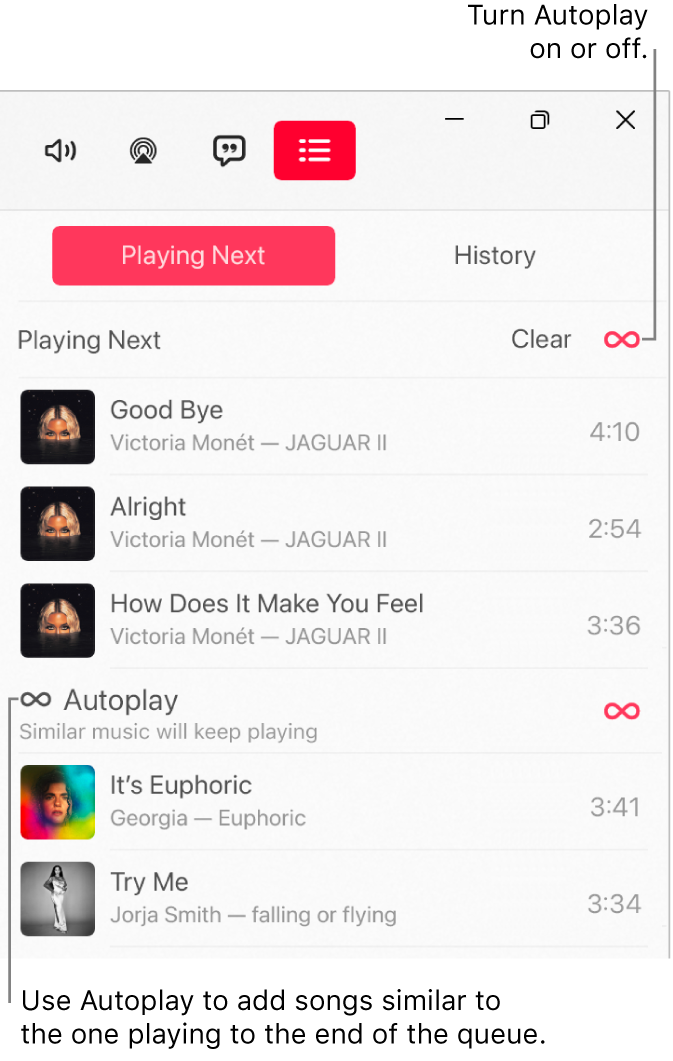 The Playing Next queue, showing a list of upcoming songs and the Autoplay icon to the right. Select the Autoplay icon to turn it on or off. When Autoplay is on, similar songs are added to the end of the queue.