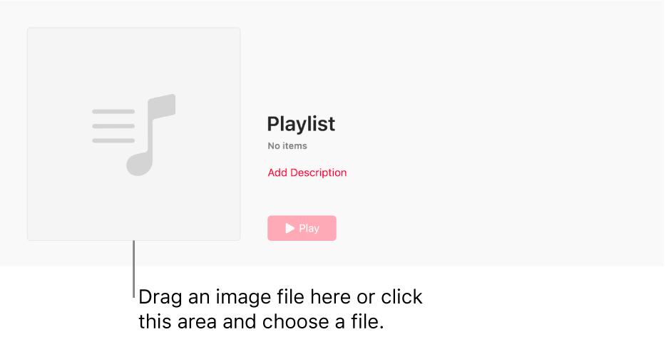 A playlist with an empty artwork area. You can drag an image to the artwork area to customise it.