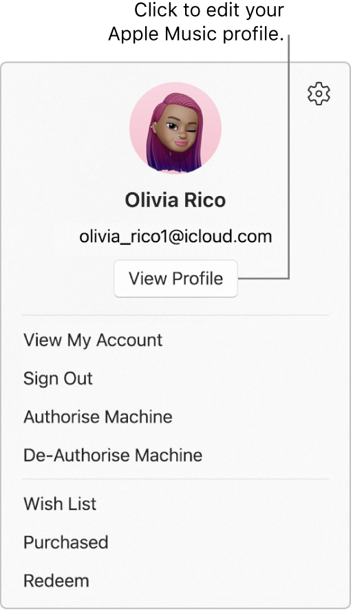 The profile menu, which appears when you select your name at the bottom of the sidebar. The user photo and Apple ID is at the top. The View Profile button is below the Apple ID. Menu options include View My Account, Authorise Machine and Wish List.
