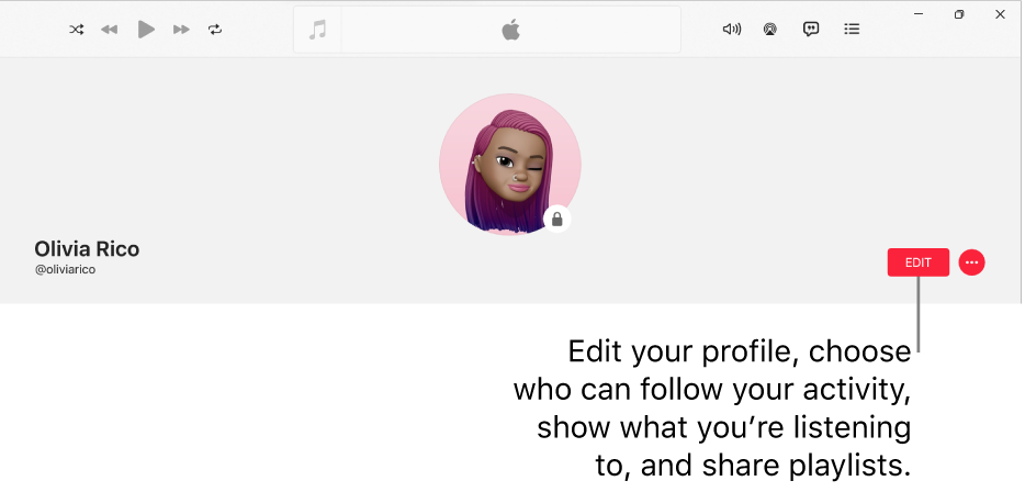 The profile page in Apple Music: on the right side of the window, is the Edit button, which you can select to edit your profile, choose who can follow your activity, show what you’re listening to, and share playlists.