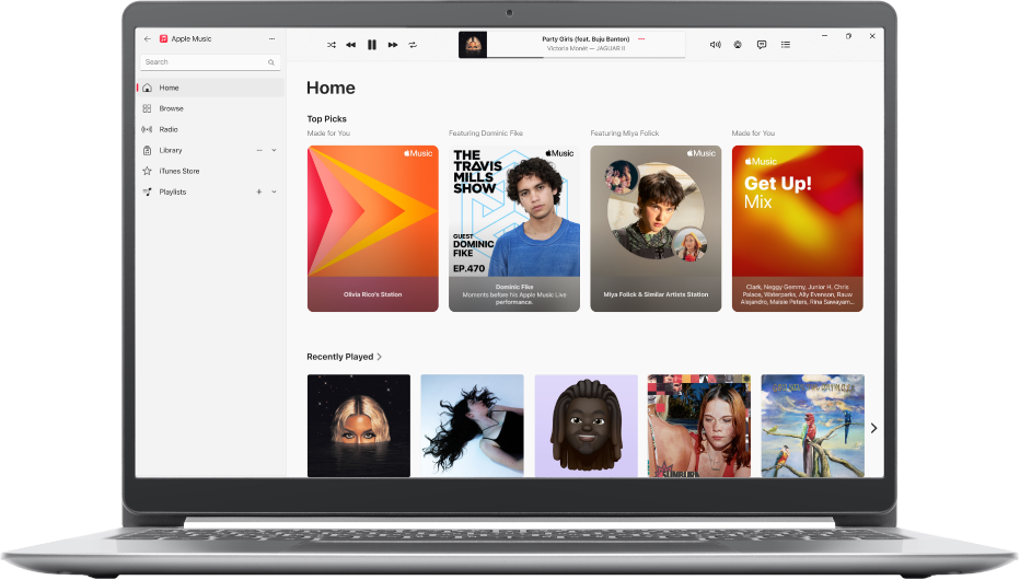The Apple Music window showing Home.