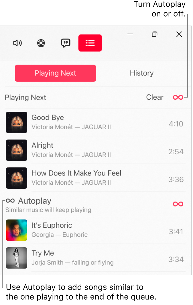 The Playing Next queue, showing a list of upcoming songs and the Autoplay icon to the right. Select the Autoplay icon to turn it on or off. When Autoplay is on, similar songs are added to the end of the queue.