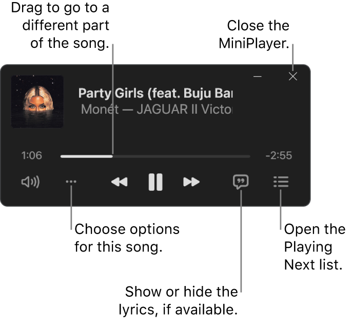 MiniPlayer showing the controls for the song that’s playing. The main part of the window shows the album artwork for the song. Below the artwork are a slider to move to a different part of the song, and buttons to adjust the volume, choose options, show lyrics, and see what’s playing next. In the top-right corner is a button to close the MiniPlayer.