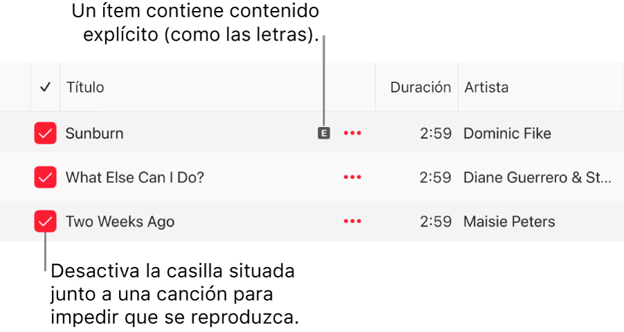 Detalle de la lista de canciones en Apple Music, con las casillas y un símbolo explícito de la primera canción (que indica que incluye contenido explícito, como las letras). Anula la selección de la casilla en aquellas canciones que no quieras reproducir.