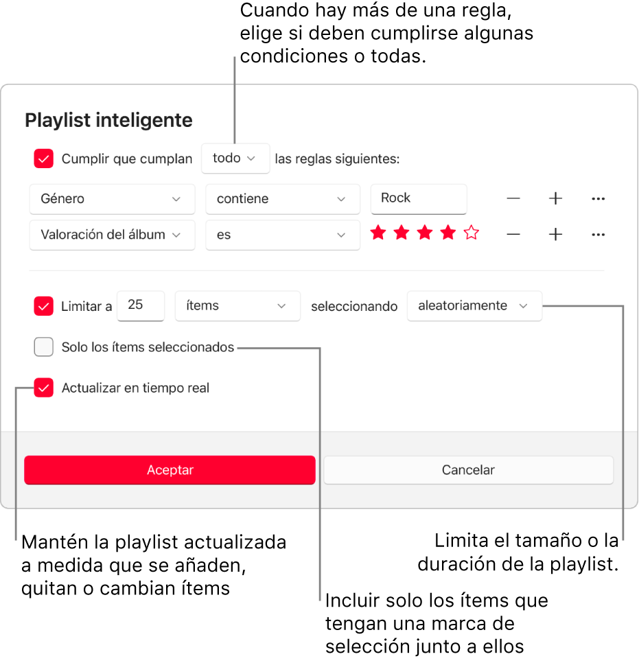 El cuadro de diálogo de “Playlist inteligente”: En la esquina superior izquierda, selecciona “Ítems de” y especifica los criterios de la playlist (como el género o la puntuación). Sigue añadiendo o eliminando reglas seleccionando el botón Añadir o Eliminar de la derecha. Selecciona varias opciones en la parte inferior del cuadro de diálogo, como el límite del tamaño o la duración de la playlist, si incluir solo las canciones seleccionadas o hacer que Apple Music actualice la playlist si cambian los ítems de la biblioteca.