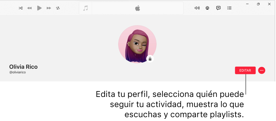 La página de perfil en Apple Music: en la parte derecha de la ventana está el botón Editar, que puedes seleccionar para editar tu perfil, seleccionar quién puede seguir tu actividad, mostrar que estás escuchando y compartir playlists.