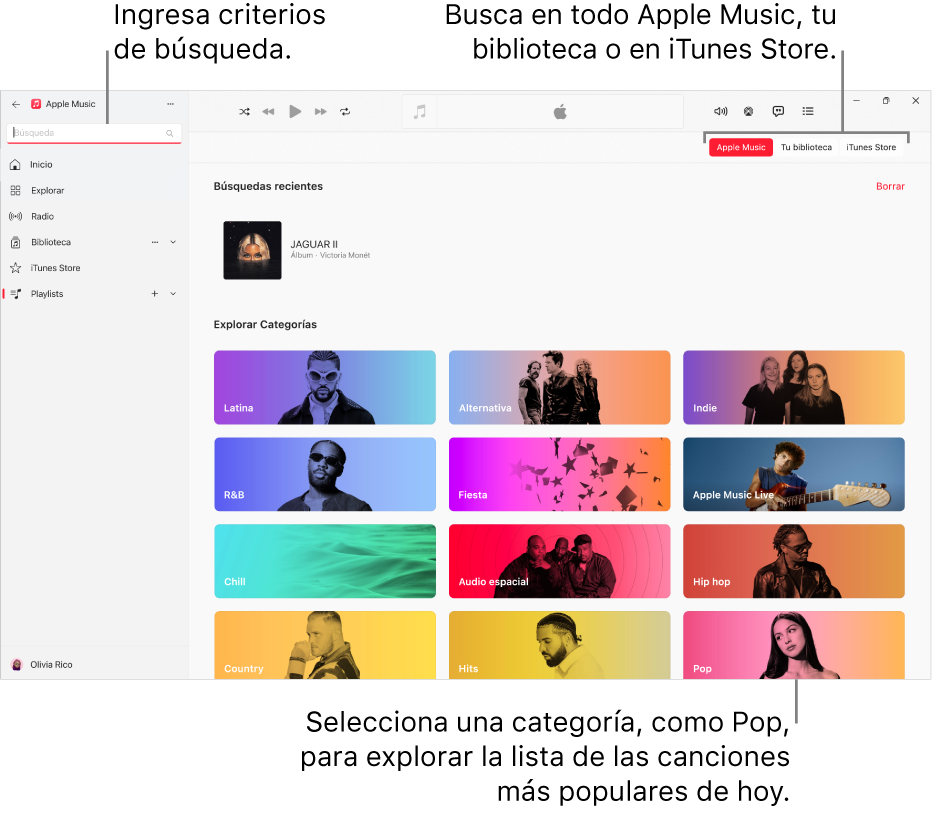 La ventana de Apple Music que muestra el campo de búsqueda en la esquina superior izquierda, la lista de categorías en el centro de la ventana y los botones “Apple Music”, “Tu biblioteca” y “iTunes Store” en la esquina superior derecha.