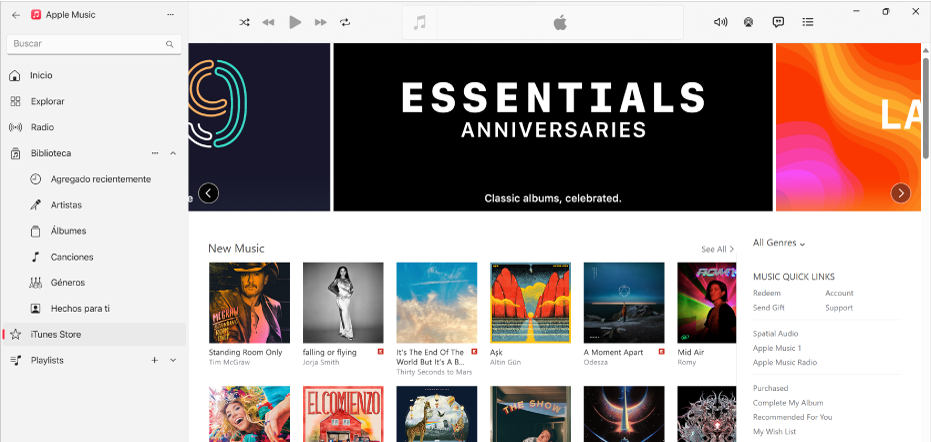 La ventana principal de iTunes Store: en la barra lateral, se resalta iTunes Store.
