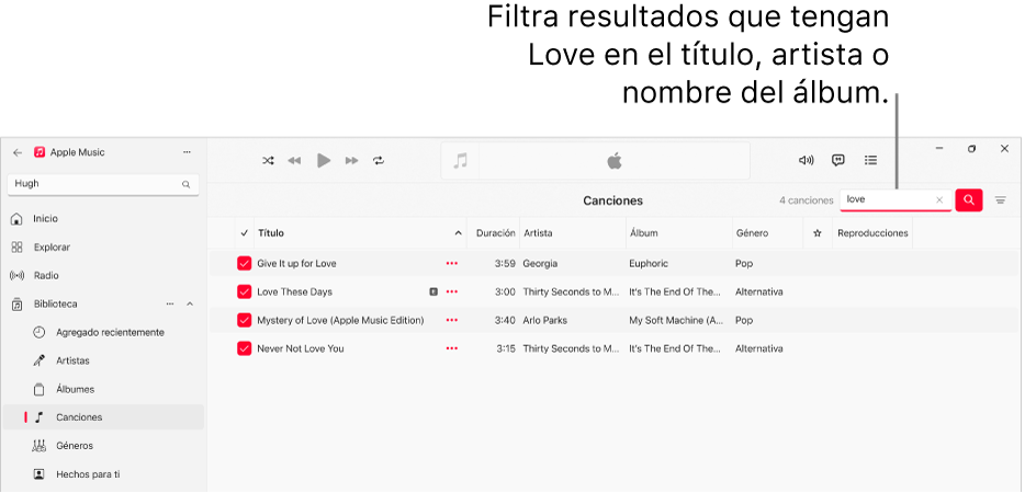 La ventana de Apple Music mostrando la lista de canciones que aparecen cuando se escribe “amor” en el campo de filtro en la esquina superior derecha. Las canciones en la lista incluyen la palabra “amor” en el título, el nombre del artista o el nombre del álbum.