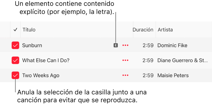 Detalle de la lista de canciones en la app Apple Music, con las casillas a la izquierda y el símbolo de contenido explícito para la primera canción (que indica que su contenido es explícito, por ejemplo, la letra). Anula la selección junto a una canción para evitar que se reproduzca.