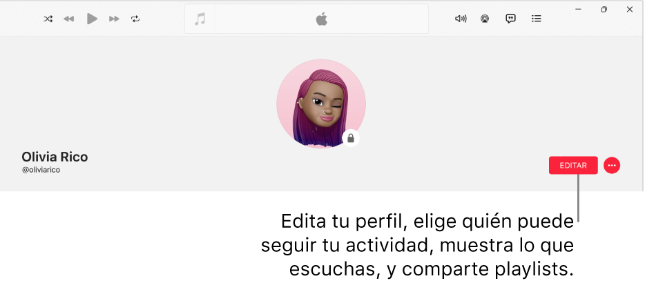 La página de perfil de Apple Music: en el lado derecho de la ventana está el botón Editar, el cual puedes seleccionar para modificar tu perfil, elegir quién puede seguir tu actividad, mostrar lo que escuchas y compartir playlists.