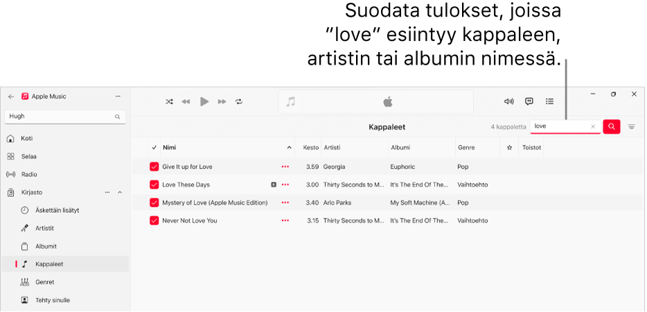 Apple Music -ikkuna, jossa on kappaleluettelo, joka tulee näkyviin, kun oikean yläkulman suodatinkenttään kirjoitetaan ”love”. Luettelon kappaleissa on sana ”love” kappaleen, artistin tai albumin nimessä.