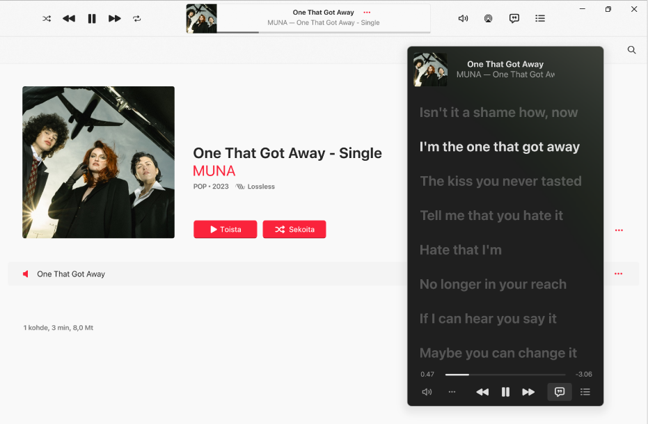 Apple Music -sovelluksen ikkuna, jossa näytetään albumi ja kappale, sekä minisoitinikkuna, jossa toistuu kappale ja sen alla näkyvät sanat samanaikaisesti musiikin kanssa.