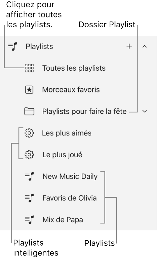 La barre latérale Apple Music affichant les différents types de playlists. Sélectionnez « Toutes les playlists » pour les afficher toutes. Vous pouvez également créer un dossier pour la playlist.