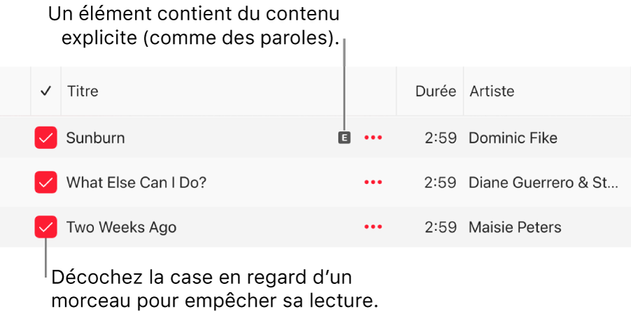 Détail de la liste des morceaux dans Apple Music, avec les cases et un symbole explicite pour le premier morceau indiquant qu’il contient du contenu explicite, comme ses paroles. Décochez la case en regard d’un morceau pour empêcher la lecture de ce dernier.